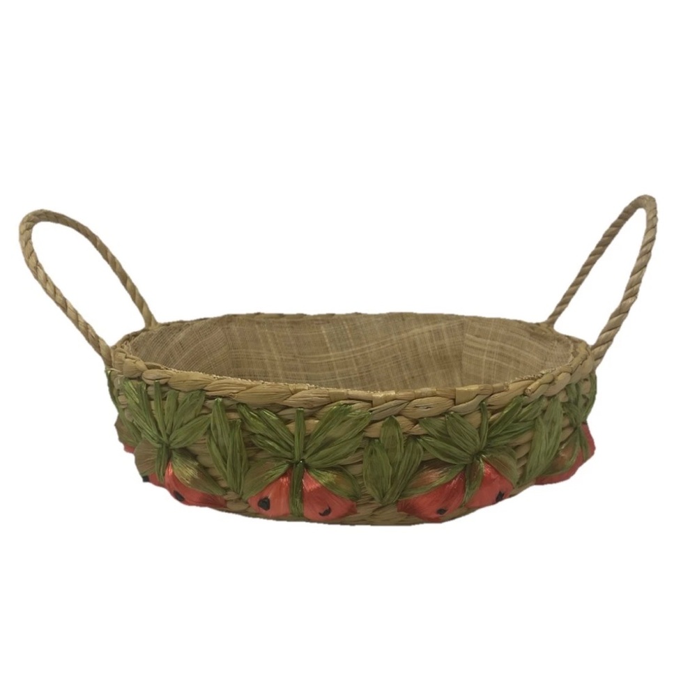 Small Woven Basket with Handles Decorative Fruit Trim Lined Vintage Style